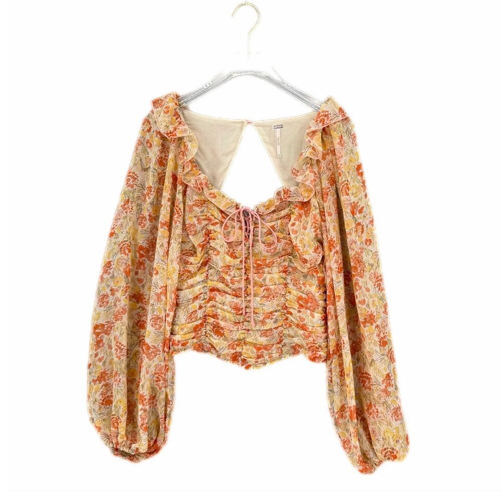 Free People Mable Floral Orange Multi Long Sleeve Open Back Tie Front Blouse Top
